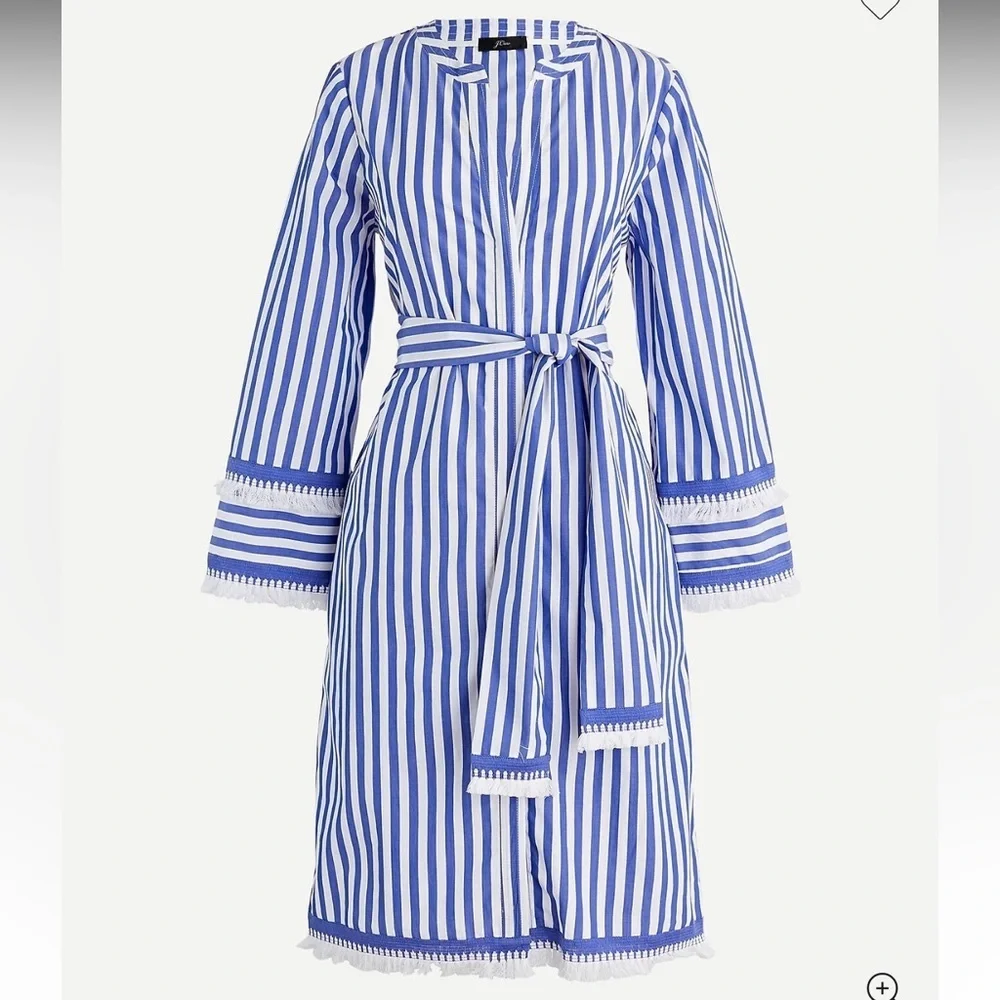 J. Crew Belted Cotton Poplin Tunic Dress 12 Blue White Striped Tassel Trim GUC